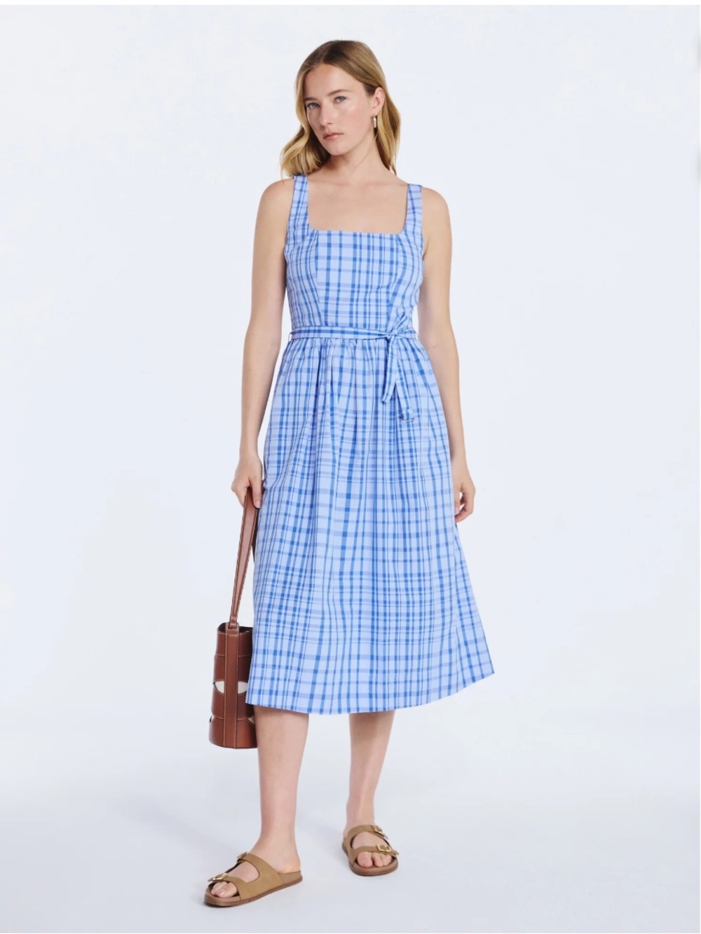 Free Assembly blue plaid Sleeveless Belted Cotton Midi Dress NWT